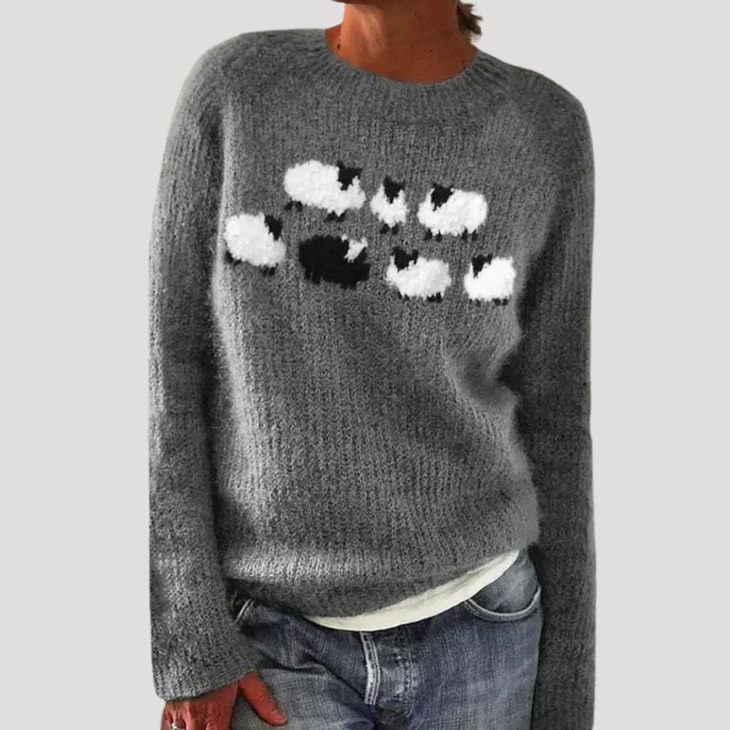 SUENTA Damen Bunter Gemusterter Strickpullover Farbenfrohen Muster Grau