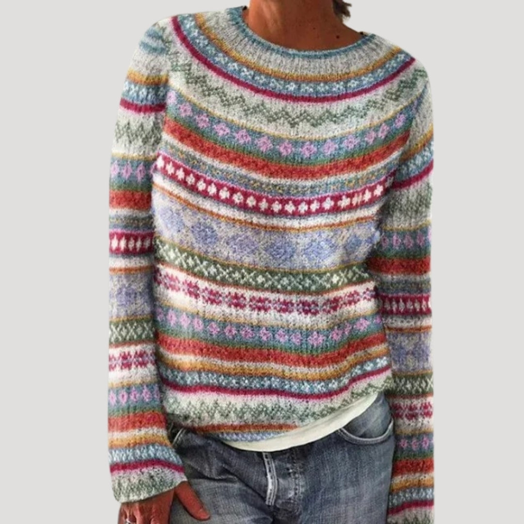 SUENTA Damen Bunter Gemusterter Strickpullover Farbenfrohen Muster Blau