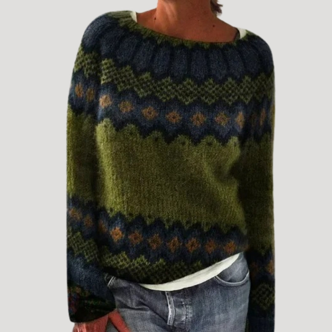 SUENTA Damen Bunter Gemusterter Strickpullover Farbenfrohen Muster Dunkelgrün