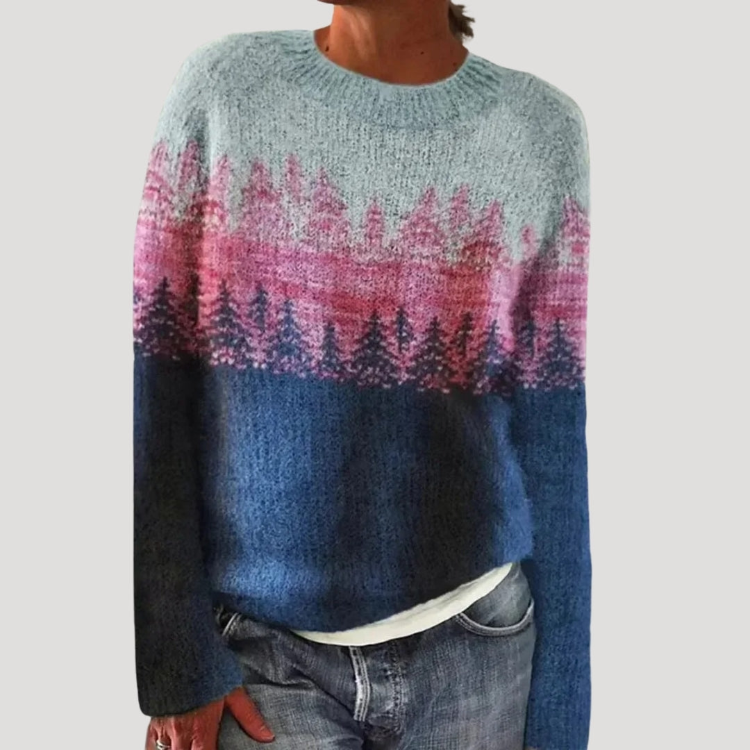 SUENTA Damen Bunter Gemusterter Strickpullover Farbenfrohen Muster Marineblau