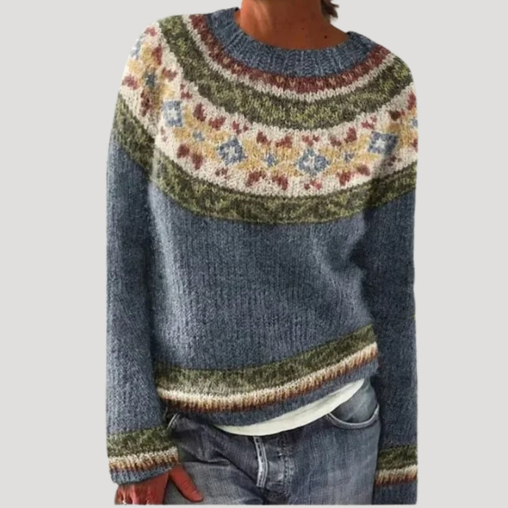 SUENTA Damen Bunter Gemusterter Strickpullover Farbenfrohen Muster Gelb