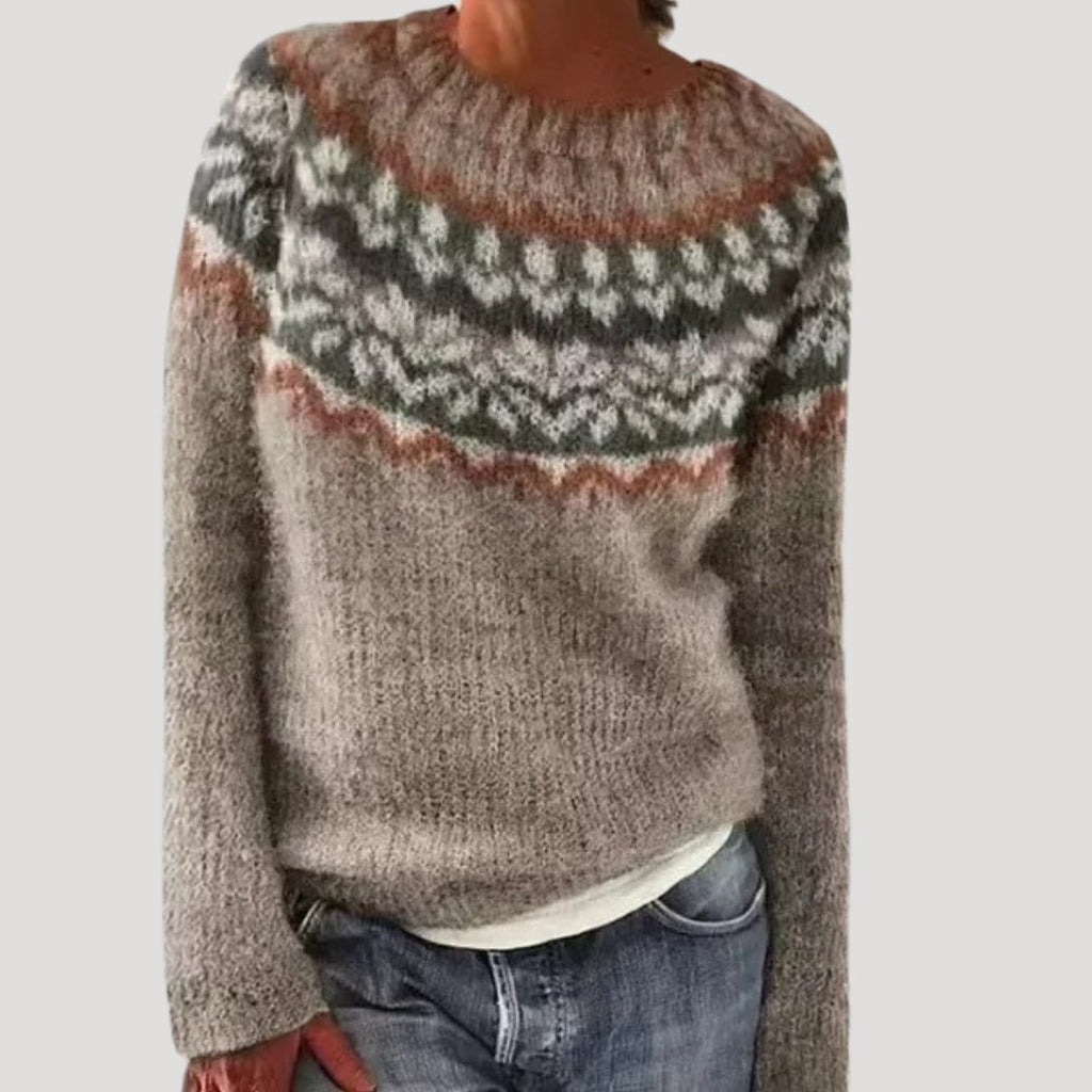 SUENTA Damen Bunter Gemusterter Strickpullover Farbenfrohen Muster Kamel