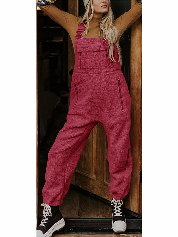 SUENTA Damen Fleece Thermo Overall – Warmer Einteiler mit Praktischen Reißverschlusstaschen Burgunderrot