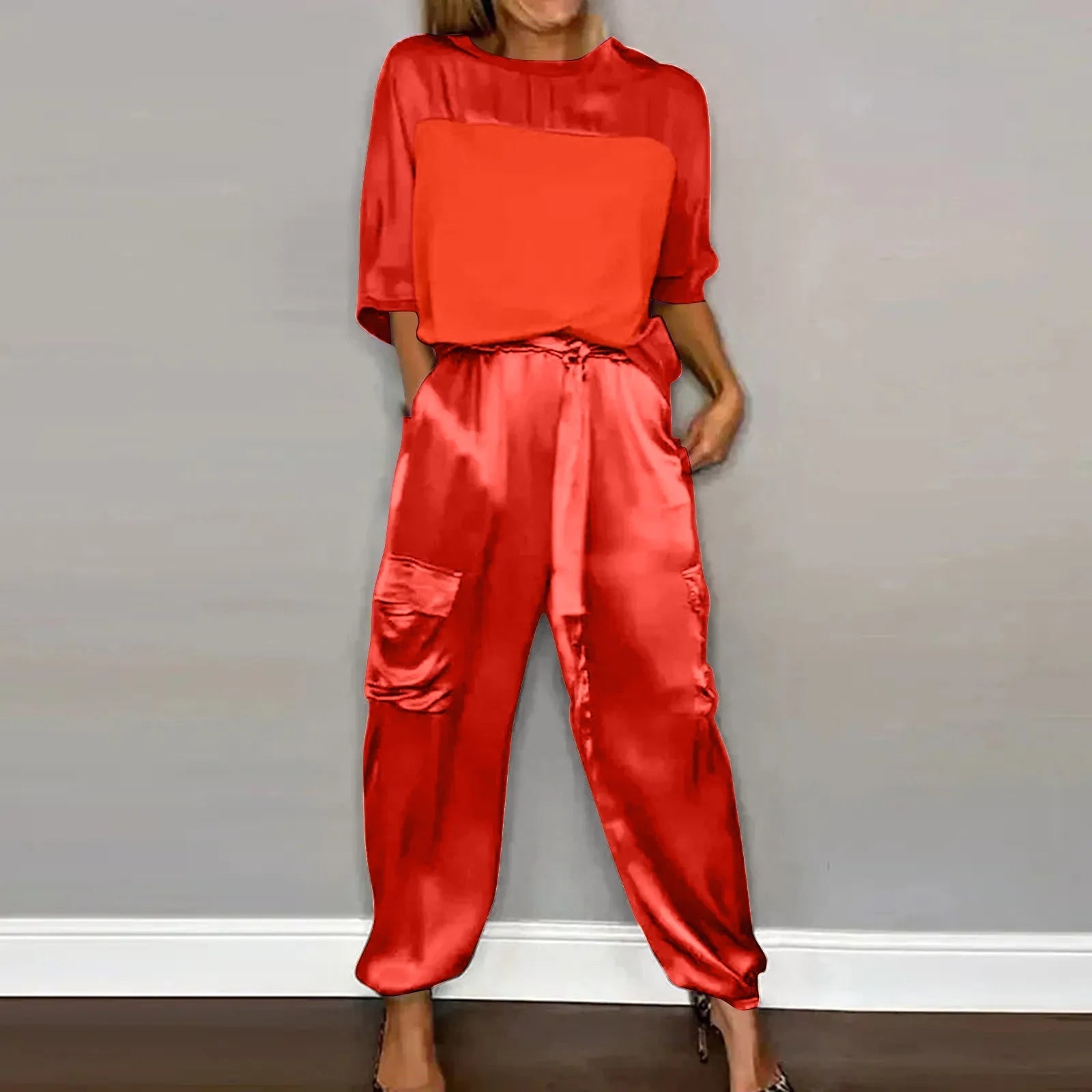 SUENTA Damen Satin Zweiteiler – Elegantes Set mit Halbärmeliger Atmungsaktiver Bluse Orange