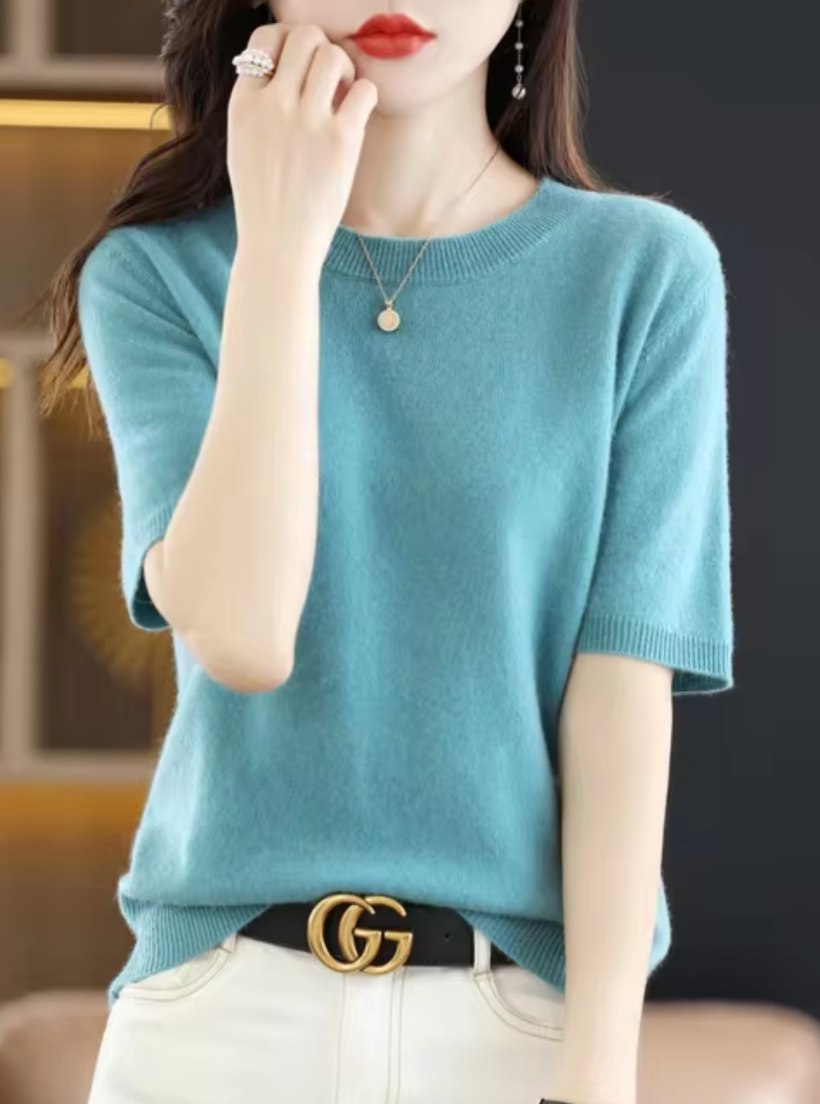SUENTA Kurzärmliger Pullover aus Wolle Weiche Wärme Hellblau