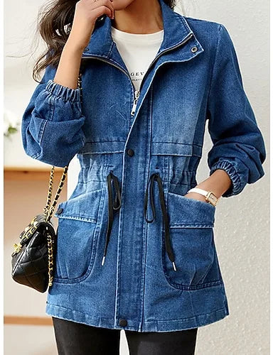 SUENTA Damen Winddichten Denim Jeansjacke Zipper Windproof Mit Reißverschluss Blau