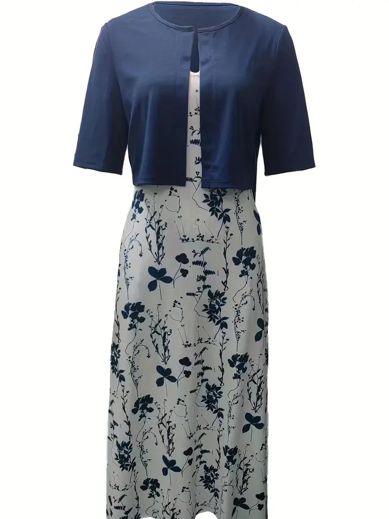 SUENTA Damen Zweiteiler Set – Blumenkleid mit Einfarbigem Crop-Top