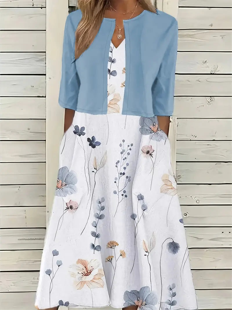 SUENTA Damen Zweiteiler Set – Blumenkleid mit Einfarbigem Crop-Top Himmelblau