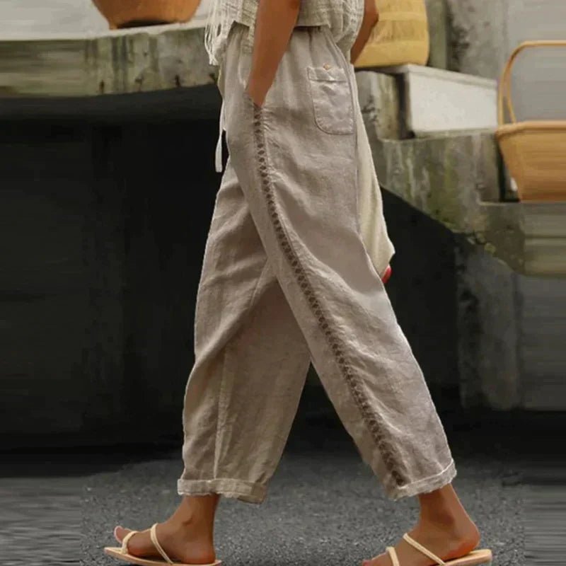 Luna | Pantaloni da donna in tessuto a vita alta con bottoni laterali