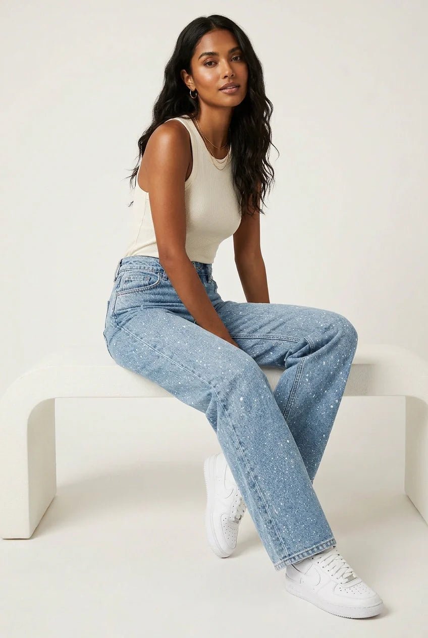 Damen High-Waist Straight-Leg Glitzer-Jeans