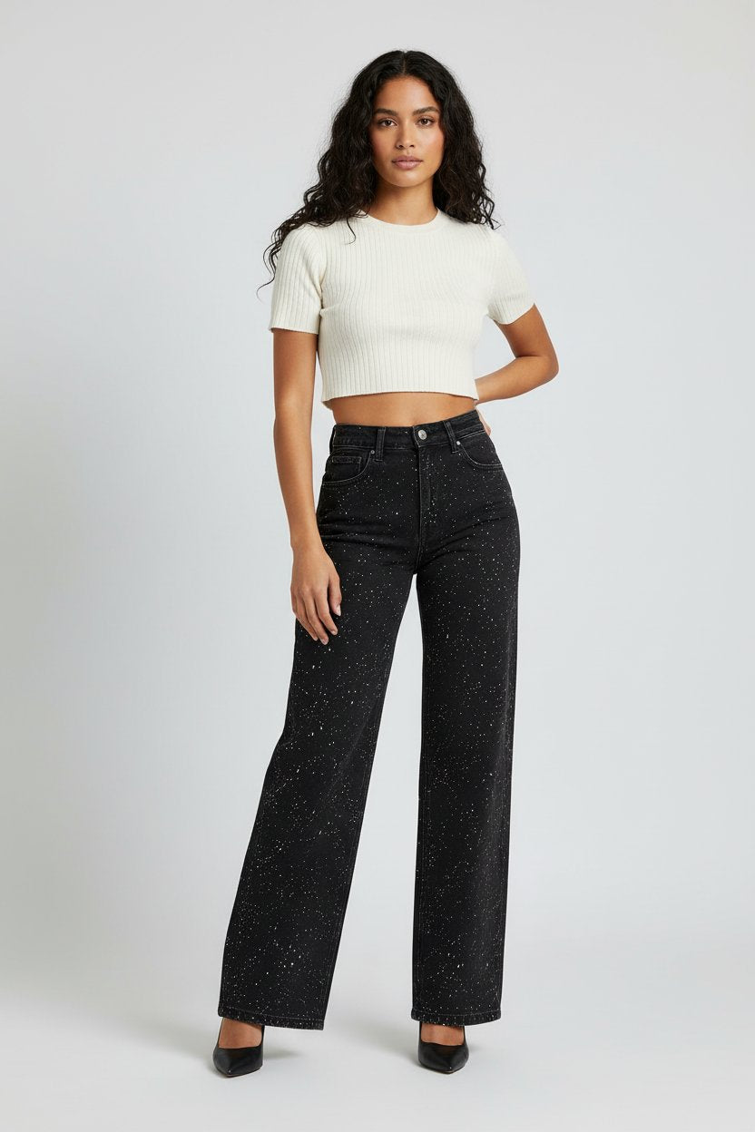 Damen High-Waist Straight-Leg Glitzer-Jeans