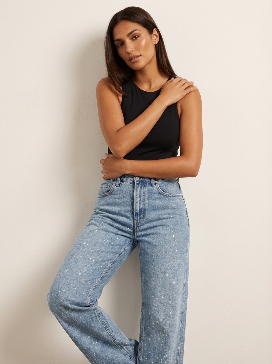 Flōre | Jeans scintillanti da donna a vita alta e gamba dritta