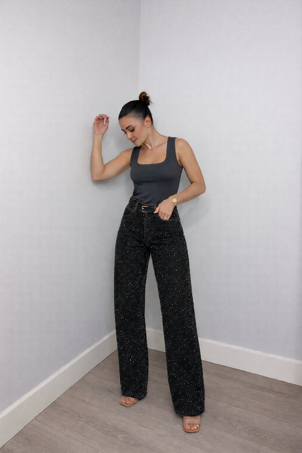 Flōre | Jeans scintillanti da donna a vita alta e gamba dritta