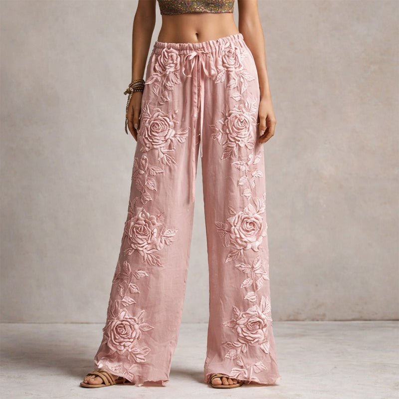 Damen Weite Hose mit Blumenstickerei und Kordelzug - Gray