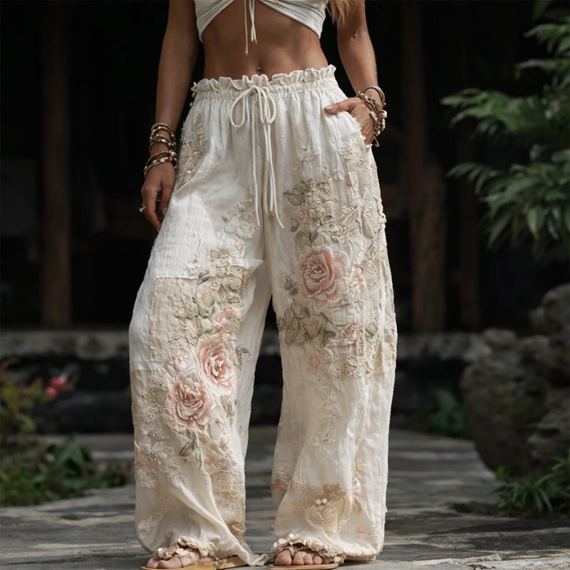 Bersh | Damen Weite Hose mit Blumenstickerei und Kordelzug