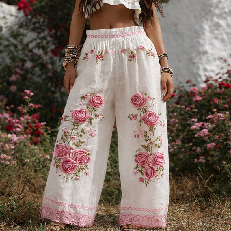 Bersh | Damen Weite Hose mit Blumenstickerei und Kordelzug