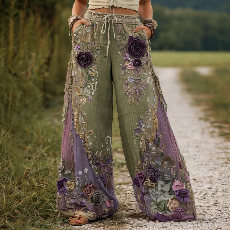Bersh | Damen Weite Hose mit Blumenstickerei und Kordelzug