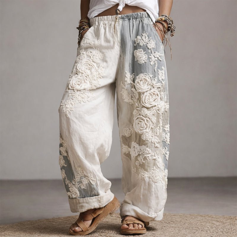 Bersh | Damen Weite Hose mit Blumenstickerei und Kordelzug