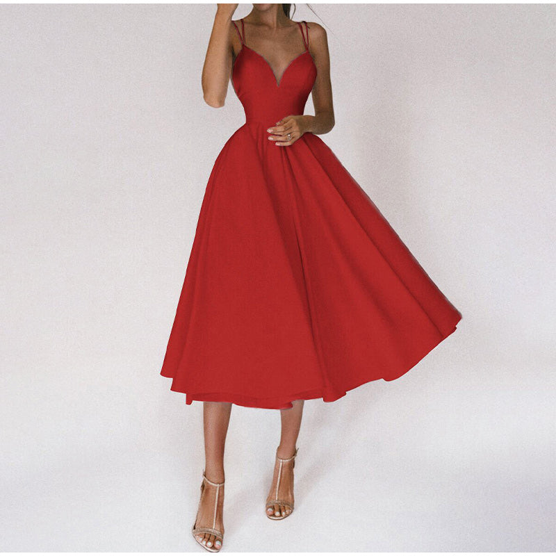 SUENTA Damen Festliches Abendkleid - Mit V-Ausschnitt für Gala Rot