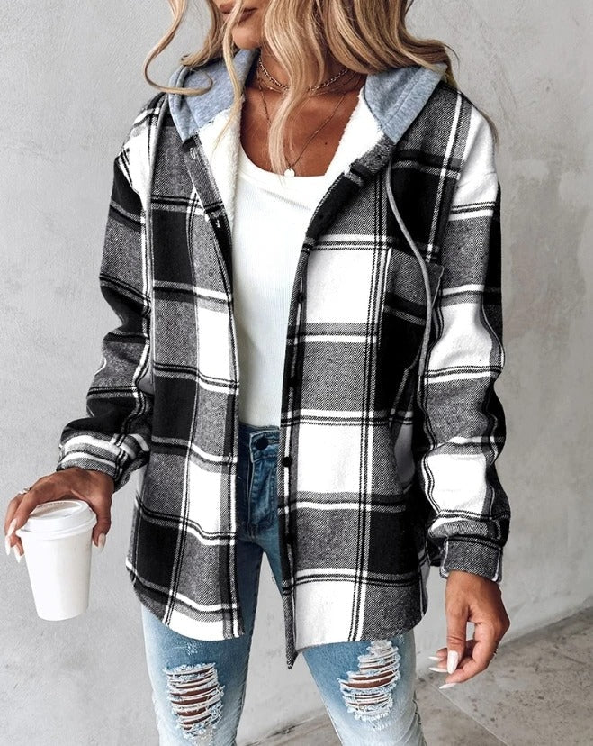 SUENTA Kapuzen Jacke Damen Kariert Warme Innenfutter Trendig - Winterjacke Damen Schwarz