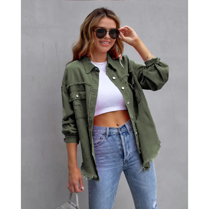 SUENTA Damen Weite Jeansjacke Aus Baumwolle Vibrant Denim Grün