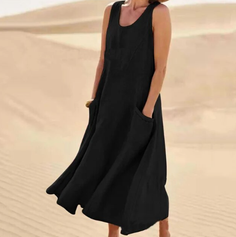 SUENTA Damen Sommerkleid mit Rundhals - Luftiges Midi-Kleid Schwarz