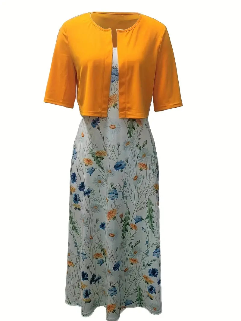 SUENTA Damen Zweiteiler Set – Blumenkleid mit Einfarbigem Crop-Top