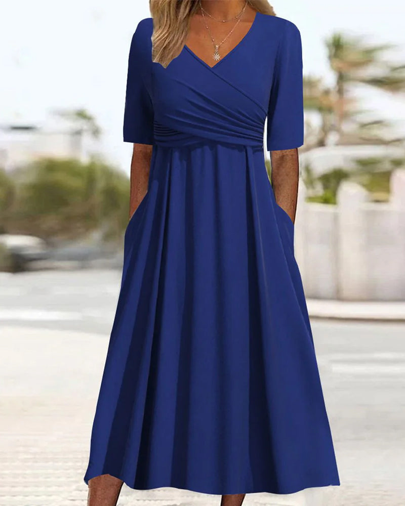 SUENTA Damen Sommerliches Wickelkleid - Mit V-Ausschnitt in Midi-Länge Blau