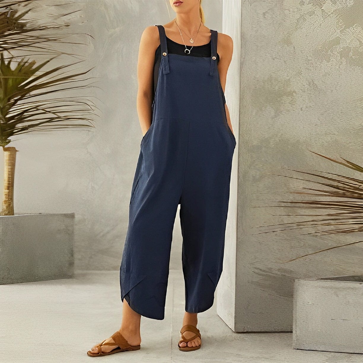 SUENTA Damen Lässige Sommer-Latzhose atmungsaktive Material Weite - Overall Dunkelblau