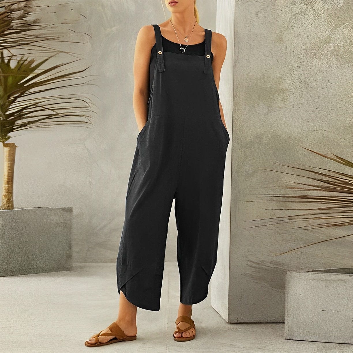 SUENTA Damen Lässige Sommer-Latzhose atmungsaktive Material Weite - Overall Schwarz