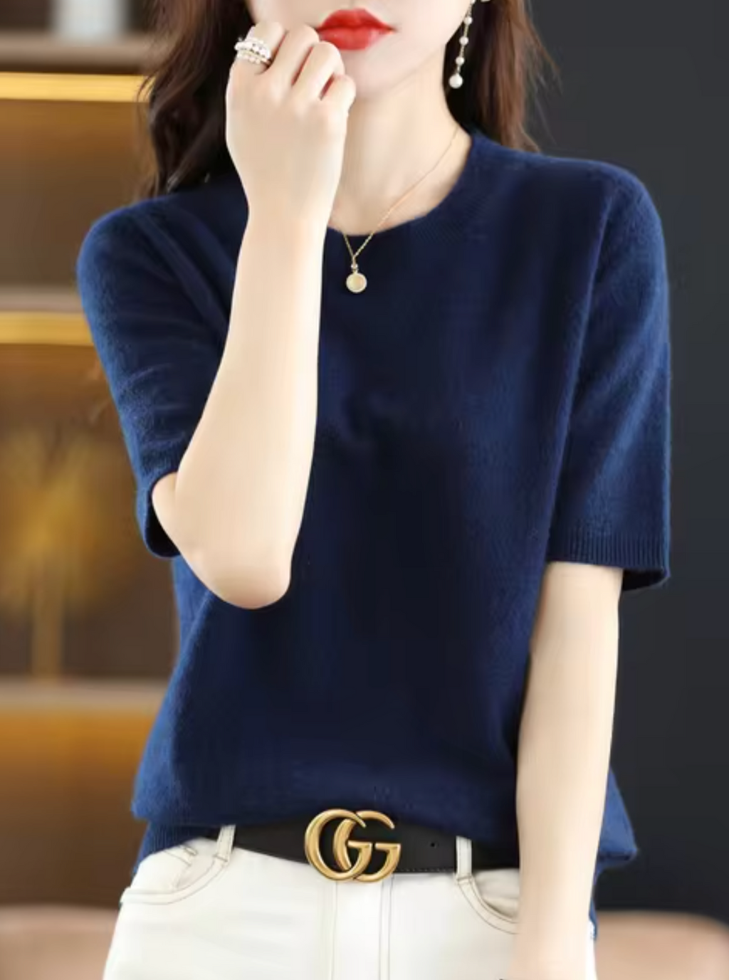 SUENTA Kurzärmliger Pullover aus Wolle Weiche Wärme Marineblau