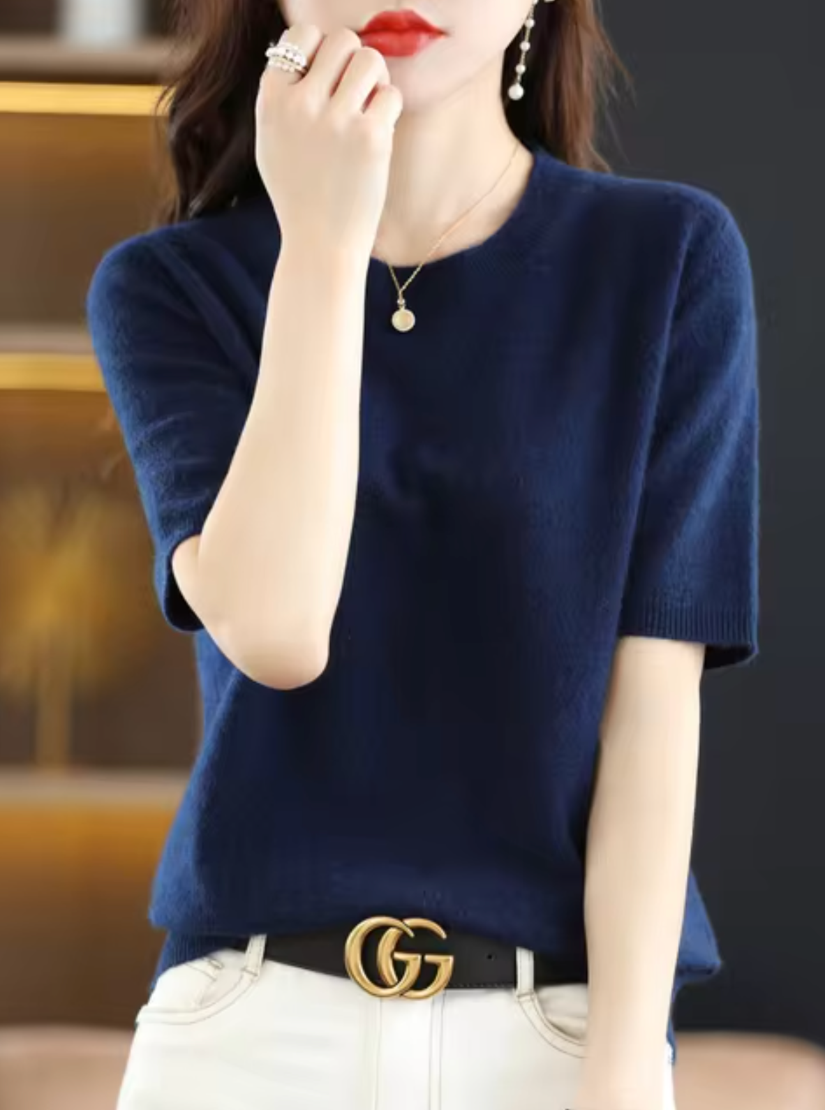 SUENTA Kurzärmliger Pullover aus Wolle Weiche Wärme Marineblau
