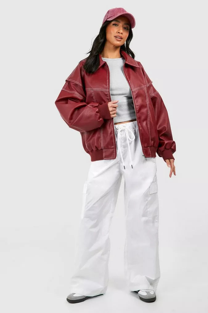 SUENTA Damen Rote Oversize Jacke Leder Strahlender Stil Mode Statement