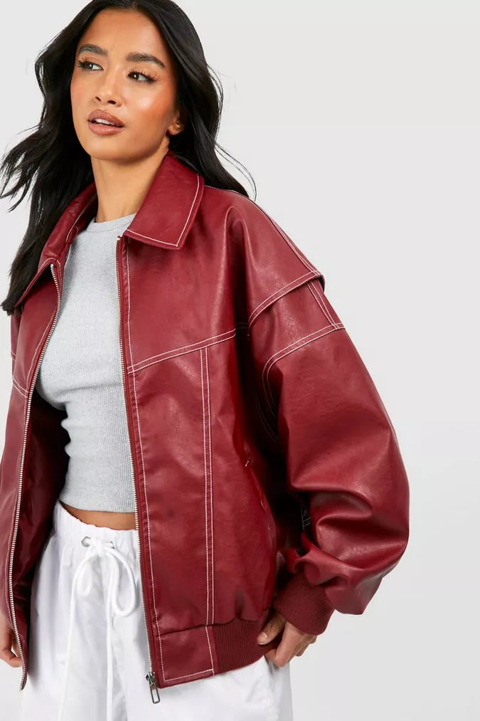 SUENTA Damen Rote Oversize Jacke Leder Strahlender Stil Mode Statement Rot