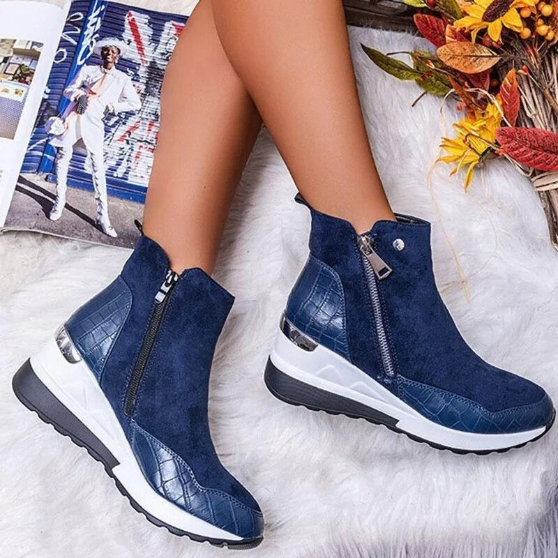 SUENTA Damen Bequeme Wasserdichte Stiefeletten Weiches Material - Winterstiefel Dunkelblau