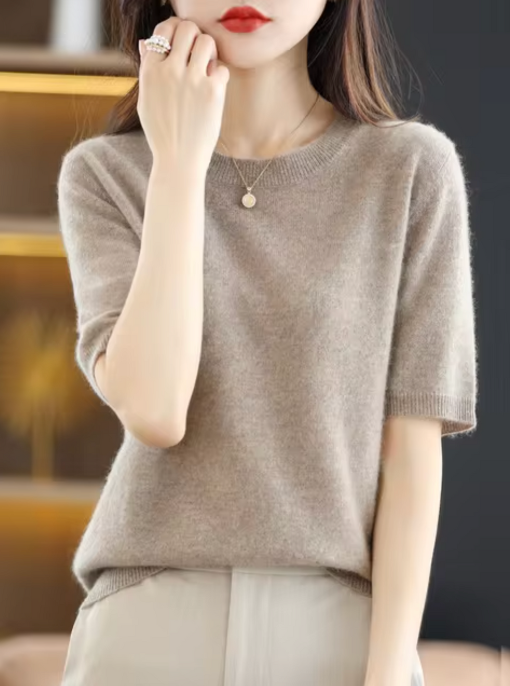 SUENTA Kurzärmliger Pullover aus Wolle Weiche Wärme Kamel