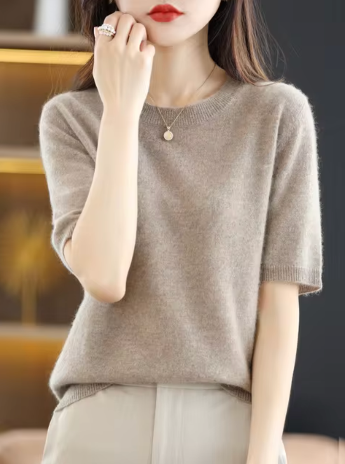 SUENTA Kurzärmliger Pullover aus Wolle Weiche Wärme Kamel