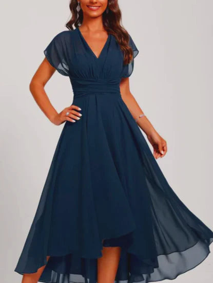 SUENTA Damen Midi Kleid – Formelles Ausgestelltes Kleid mit V-Ausschnitt Marineblau