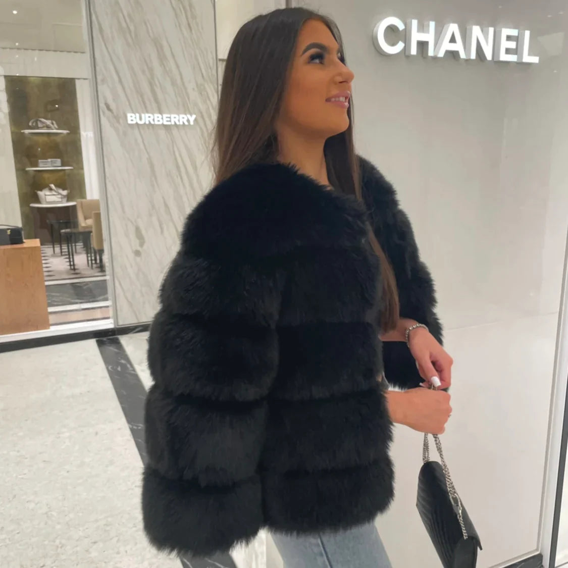 SUENTA Damen Warme Echtpelz Mantel Pelzjacke Chic Stilvoll