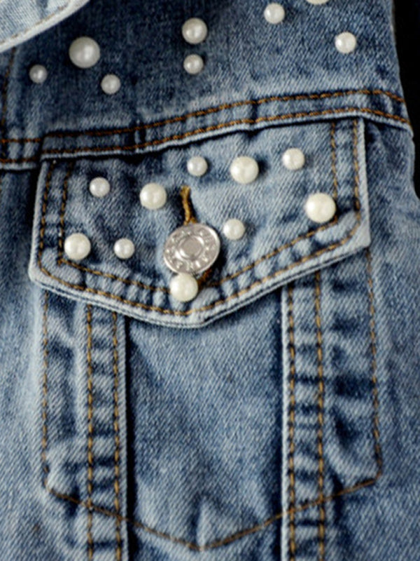 SUENTA Damen Denim Jeansjacke Mit Perlenverzierungen Alltagstauglich
