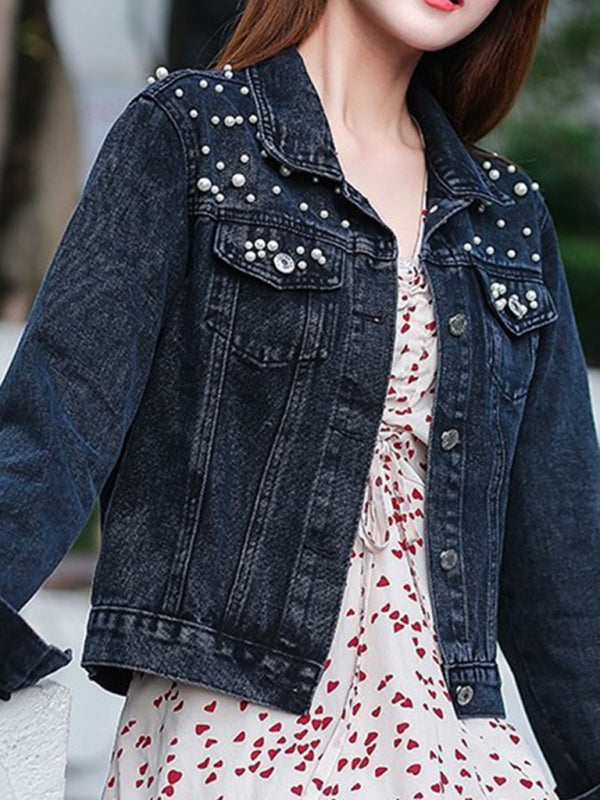 SUENTA Damen Denim Jeansjacke Mit Perlenverzierungen Alltagstauglich Schwarz Denim