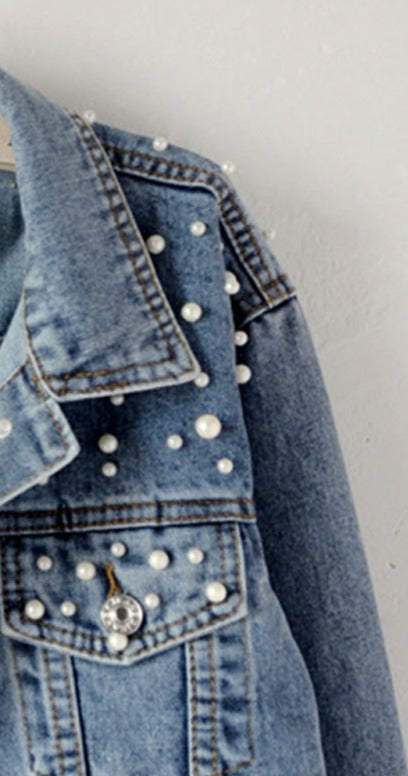 SUENTA Damen Denim Jeansjacke Mit Perlenverzierungen Alltagstauglich