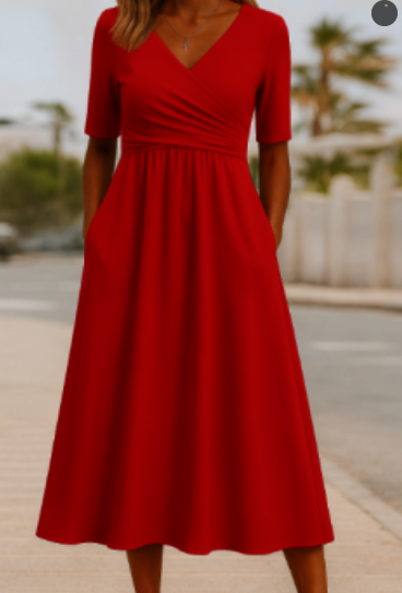 SUENTA Damen Sommerliches Wickelkleid - Mit V-Ausschnitt in Midi-Länge Rot