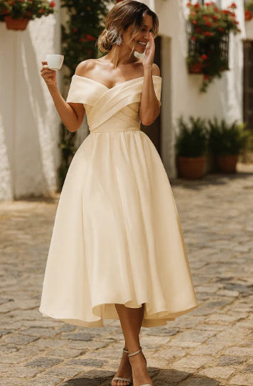 SUENTA Damen Elegantes Schulterfrei Brautkleid Midi ALinie Schlicht Beige
