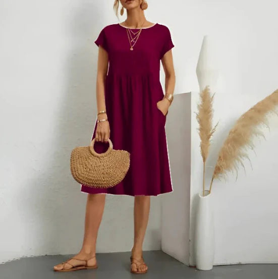 SUENTA Damen Sommerkleid – Midi Kleid mit Kurzen Ärmeln aus Hochwertigem Stoff Burgunderrot