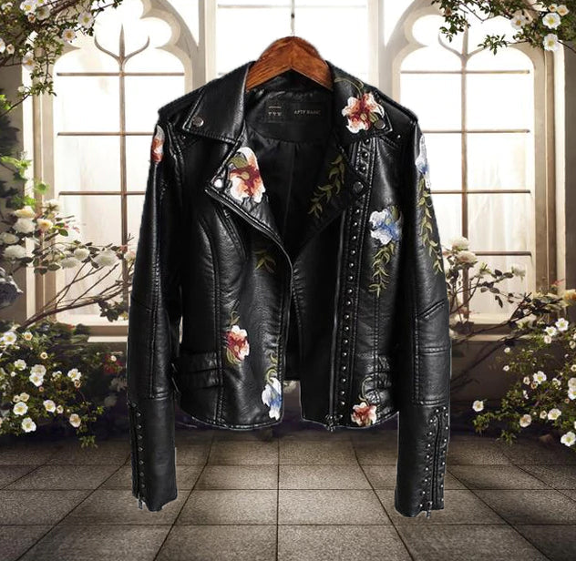 SUENTA Damen Bikerjacke mit Blumenmuster Charakter Print Freizeit Schwarz