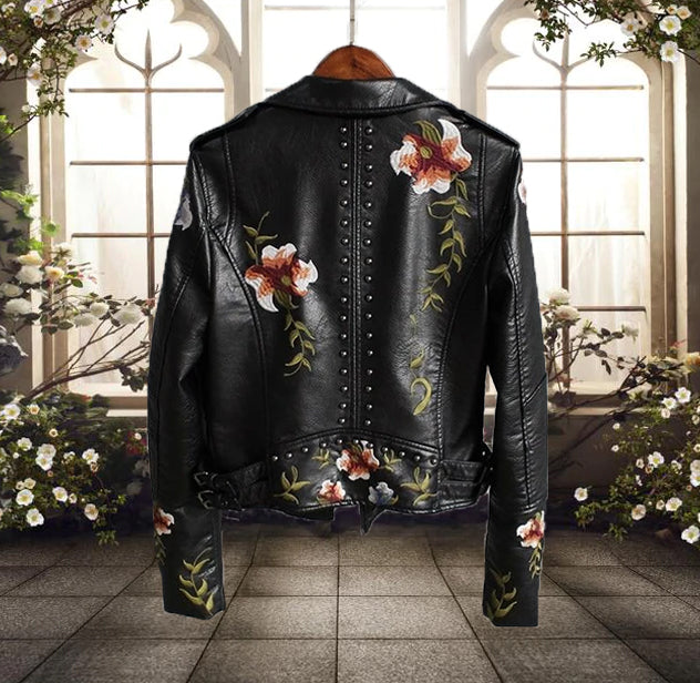 SUENTA Damen Bikerjacke mit Blumenmuster Charakter Print Freizeit