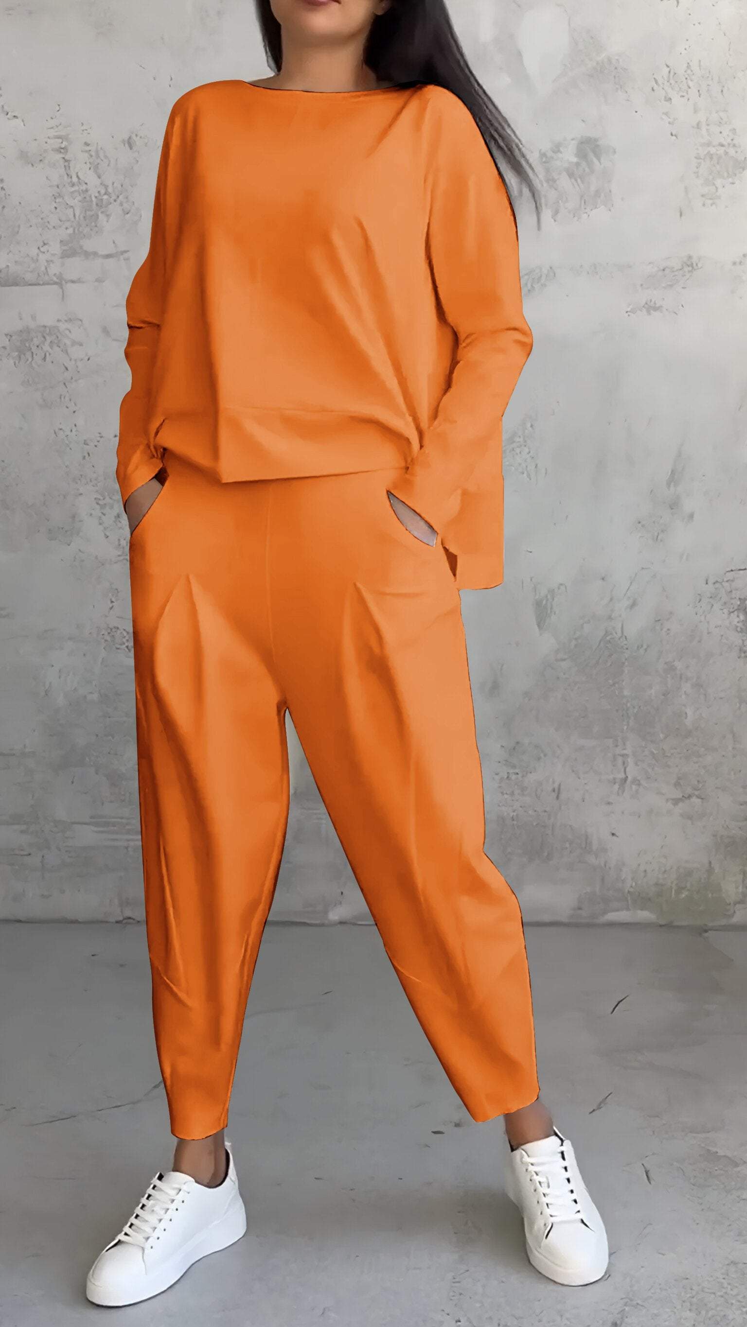 SUENTA Damen Freizeitanzug – Zweiteiliges Set mit Rundhalsausschnitt und Langen Ärmeln Orange