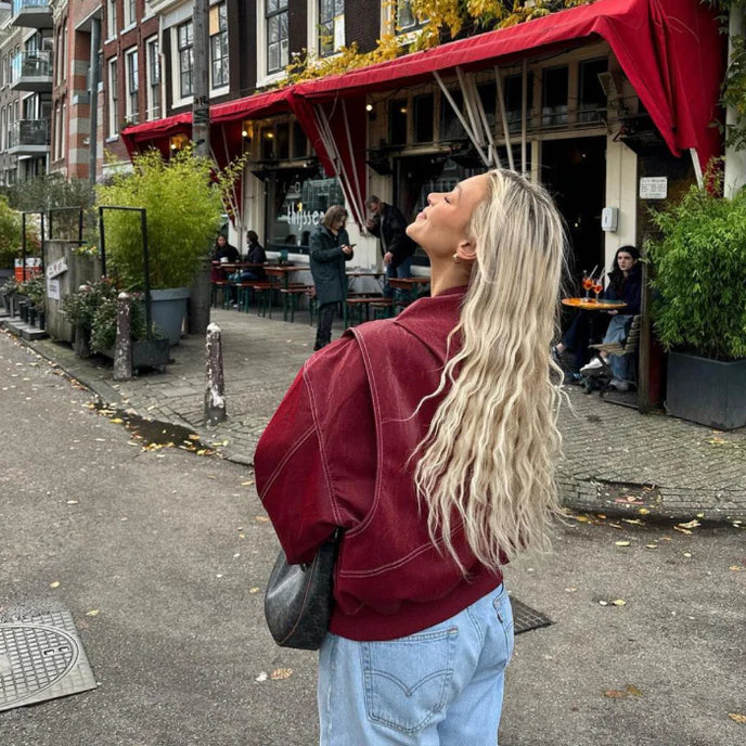 SUENTA Damen Rote Oversize Jacke Leder Strahlender Stil Mode Statement