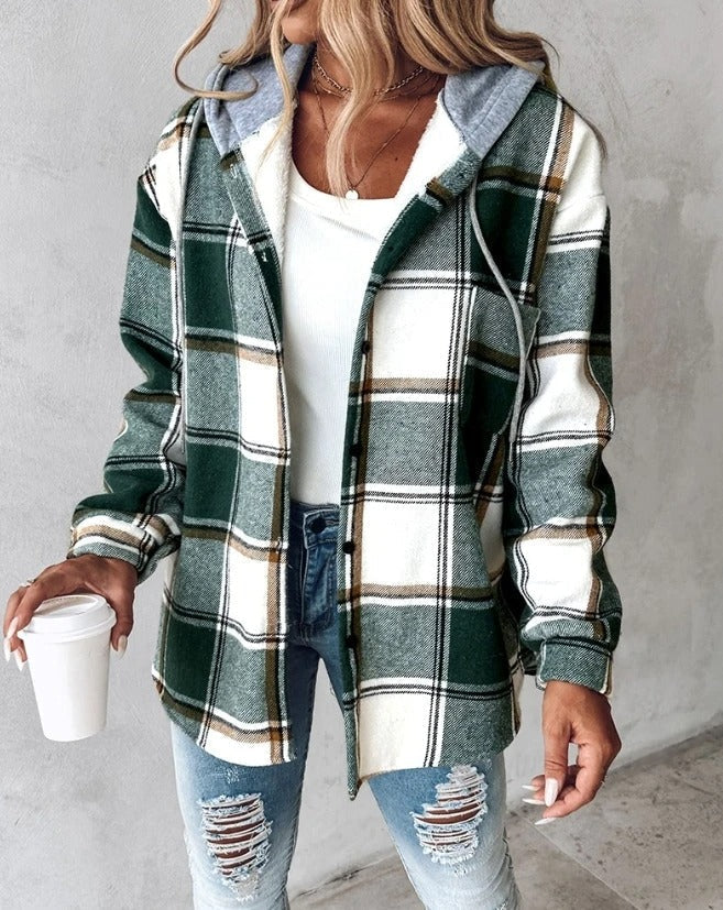 SUENTA Kapuzen Jacke Damen Kariert Warme Innenfutter Trendig - Winterjacke Damen Grün